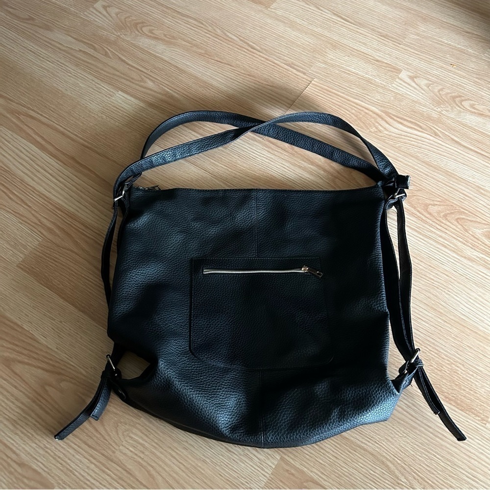 Black Vegan Leather Double Strap Large Bag